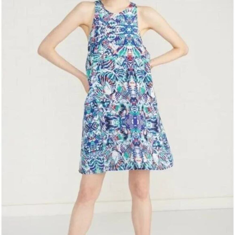 Amour Vert Ginger Silk Dress Size S Geo Print Aqua Blue Teal Crepe de Chine